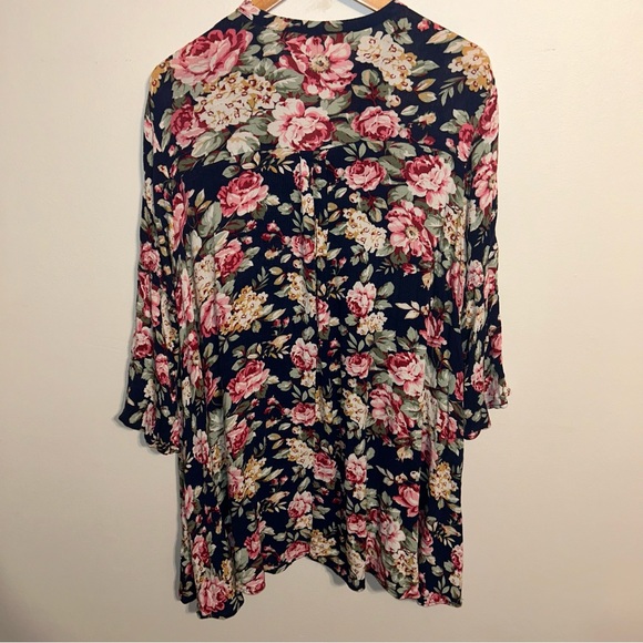 Umgee Navy Floral Trapeze Swing Cut Bell Sleeve Dress / Tunic Size L Large - Picture 9 of 14